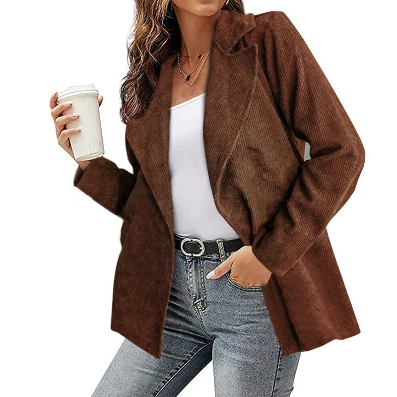 autumn and winter new women s solid color casual business polo coat short small suit women fashion commuter top coat lady jacket Women's Autumn and Winter New Solid Color Coat Suit Office Ladies Corduroy Street Casual Cardigan Coat Top Blazers for Women