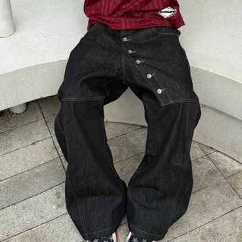 Korean High Street Buckle Curved Jeans Autumn Men'S Loose Straight Leg Pants Black Wide Leg Pants Casual Pants Hip-Hop Pants
