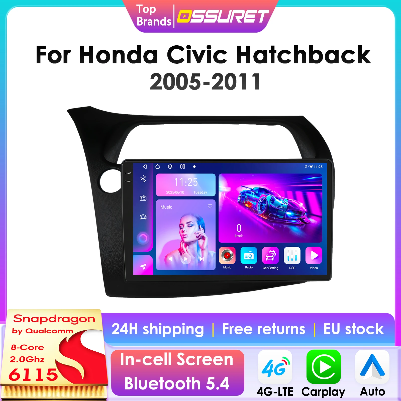 Cámara 360 Android14 Radio de coche para Honda Civic Hatchback 2005 - 2011 Multimedia de coche GPS 4G Carplay pantalla inteligente autoradio 1