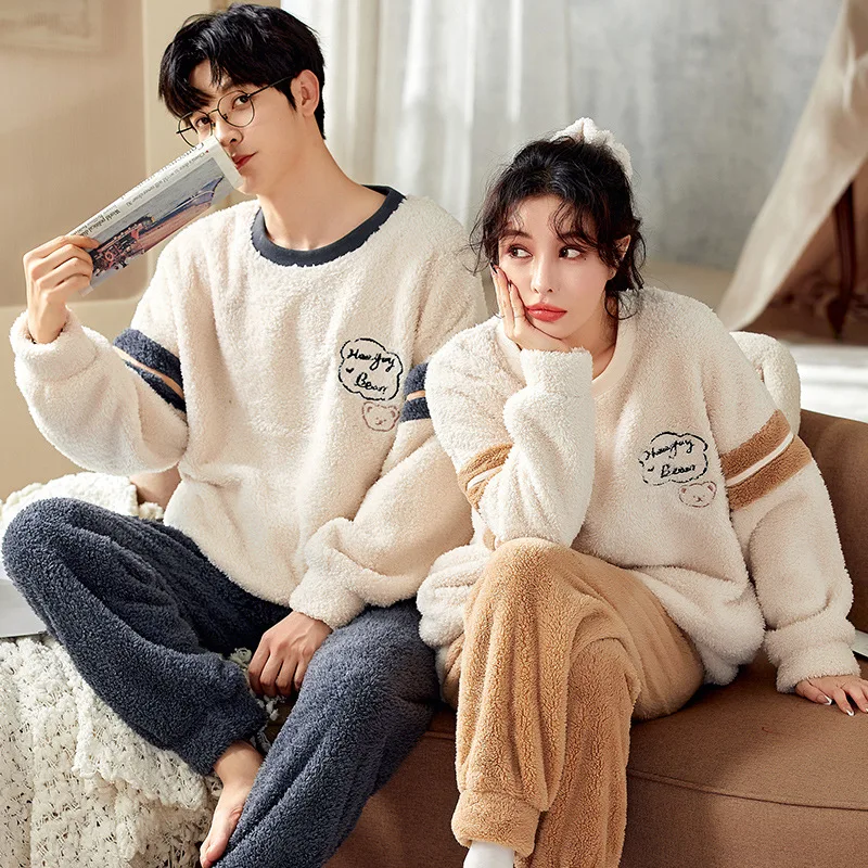 Lovely Bear Winter Couple Sleepwear Women Men Warm Coral Fleece Pyjama Homewear pijama feminino inverno pijamas para parejas