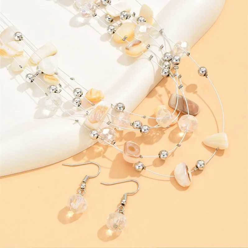 Colorful Shell Crystal Necklaces & Earrings Set For Women Multilayer Choker Necklace Women Crystal Earring Jewelry Sets jewelry sets jewelry set women earrings