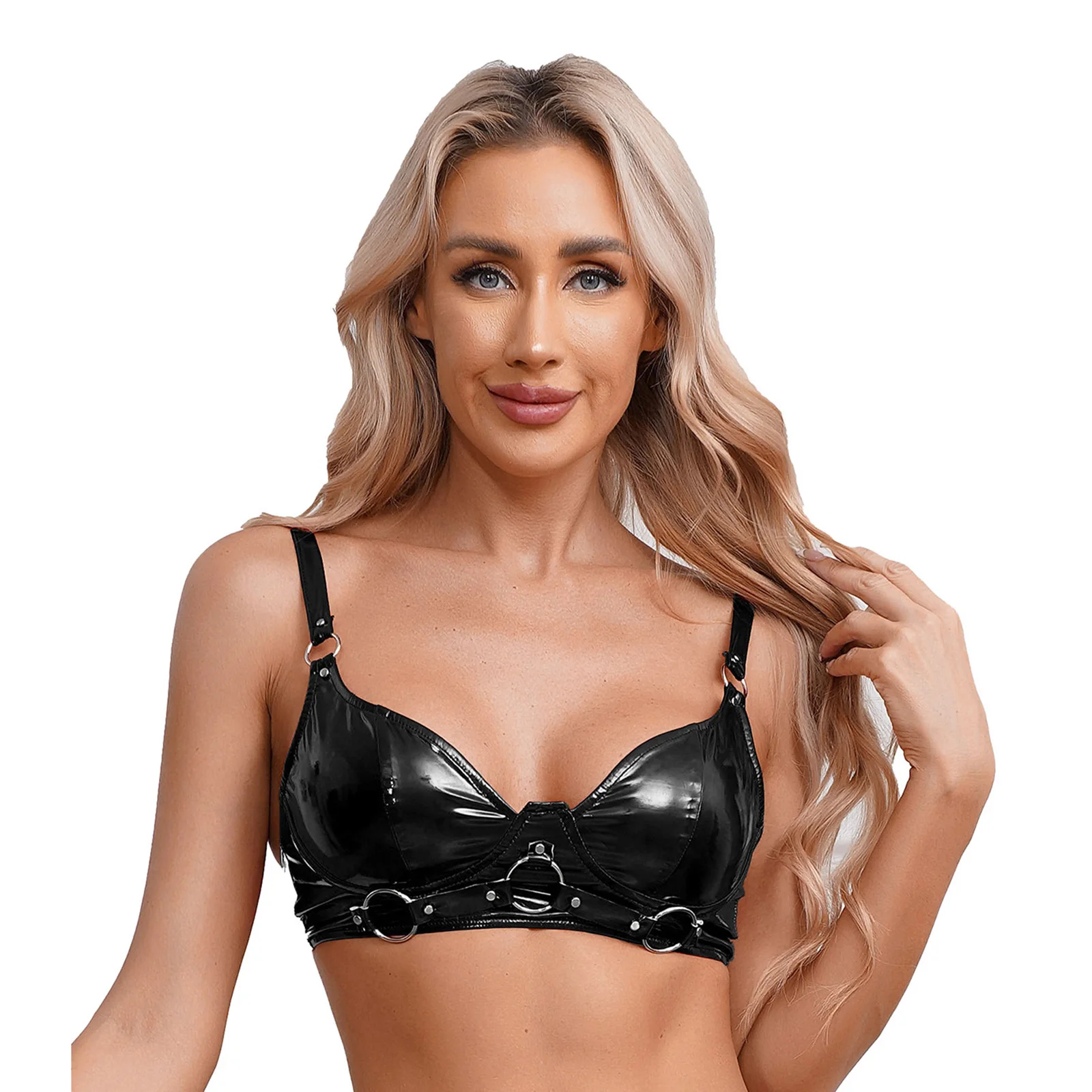 thumbnail image 1 of Sujetador Push Up de charol con aspecto mojado para mujer, Top Sexy con remaches de anilla tórica de Metal, Bralette sin aros, lencería, ropa de discoteca gótica Punk, 1 of 5