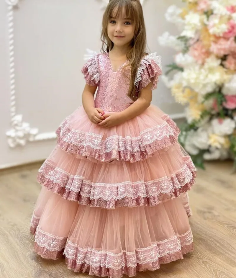 

Elegeant Blush Tulle Flower Girl Dress for Wedding Kid Sequined Tutu Toddler Infant First Birthday Dress Party Pageant New Gown