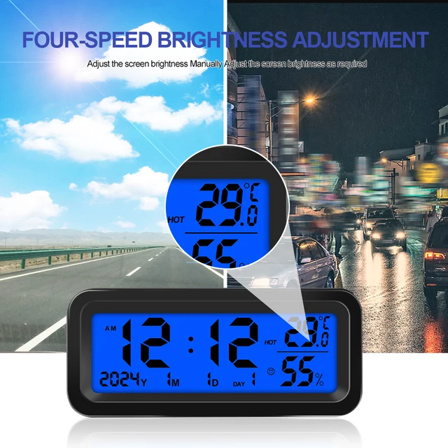 Solar Car Digital Clock Date Week Temperature Humidity LCD Backlit Display for Dashboard Car Clock Automobiles Internal Stick-On 3