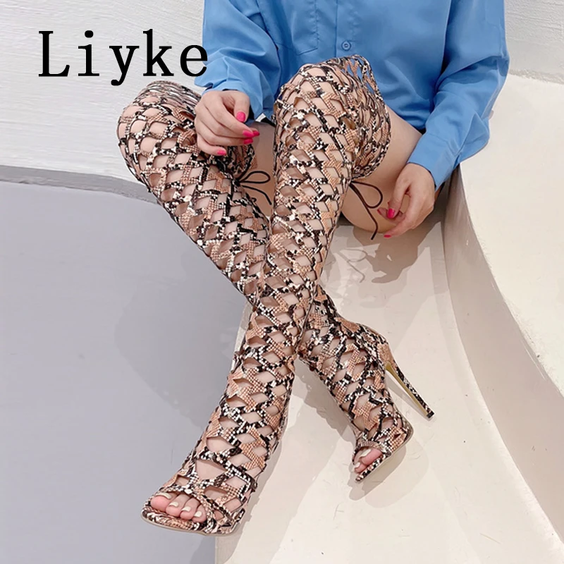 Snake Print Thigh High Boots Over The Knee Boots Womens Yellow