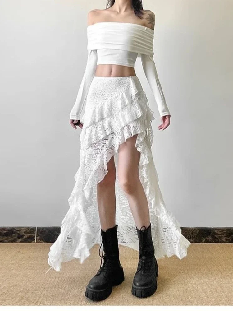 Deeptown Elegant Tulle Ruffle Skirt Women Boho Lace Vintage White Irregular Skirt Korean Style Summer Layered Mid Skirts Street 1