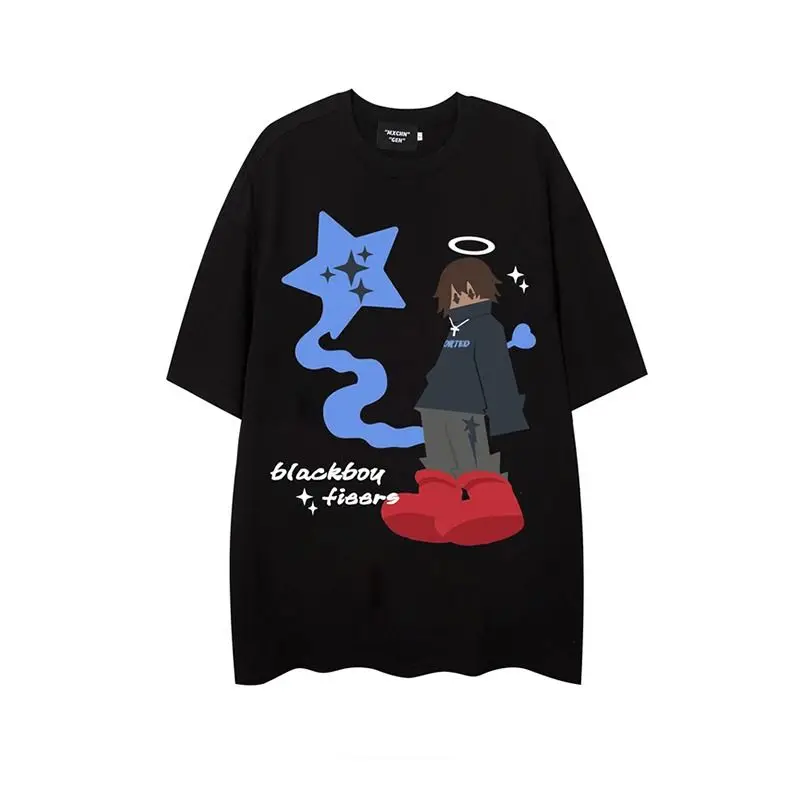 

Модная американская уличная футболка с мультяшным принтом, футболка с графическим принтом, летняя Новинка, уличная индивидуальная футболка в стиле хип-хоп большого размера y2k для пар