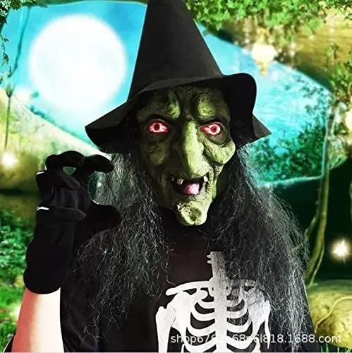 

Old Woman Witch Mask, Halloween Costume with Hair and Hat Creepy Scary Party Cosplay Prop