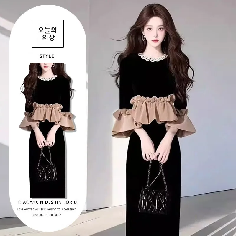 스타일리시 세트 여성용 봄 긴팔 슬림핏 스커트 패치워크 플리츠 세트 여성용 반신 긴팔 패치워크 플리츠 세트