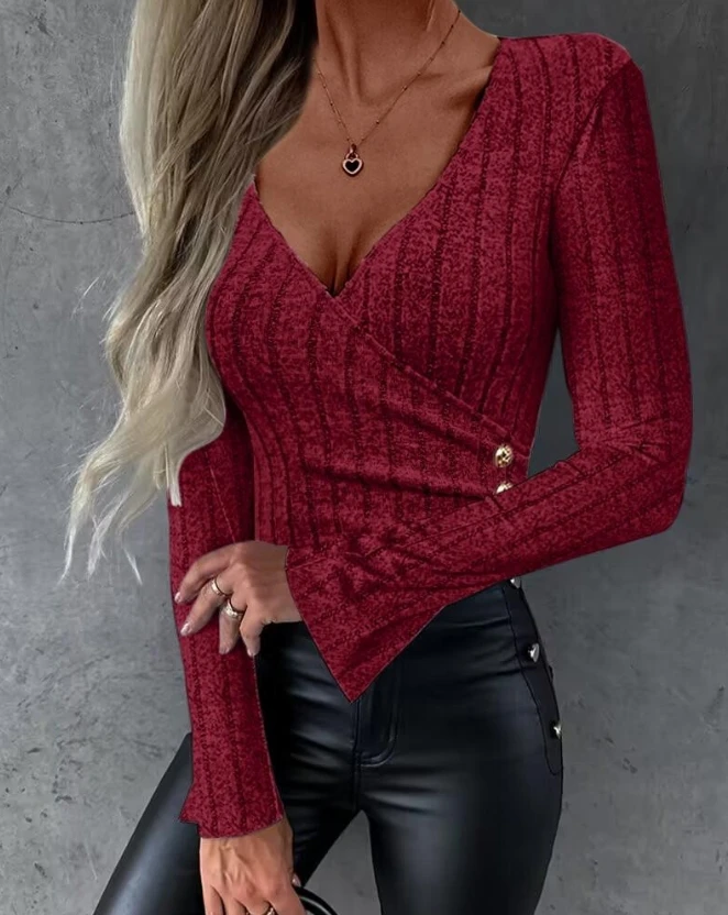 

Overlap Bell Sleeve Ruched Top for Woman 2023 Autumn and Winter New Fashion Casual Solid Color Long Sleeved V-neck Pullover