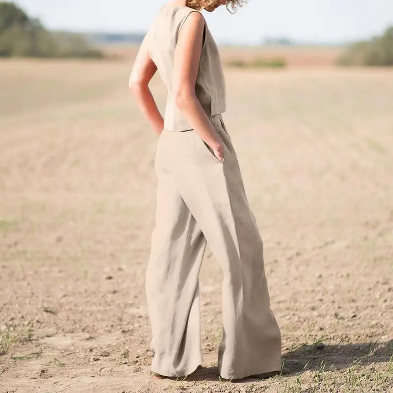 Women's Suit 2025 Women's Solid Color Retro Pants Suit Cotton and Linen Casual Long Sleeve Loose Cotton Suit 2 Piece Set 6