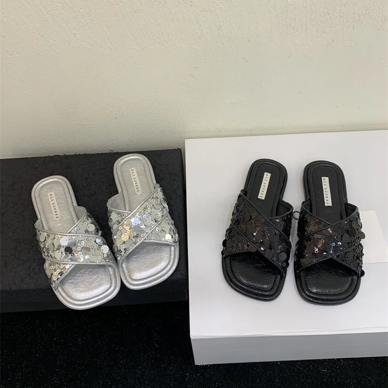 

Female Shoes Rubber Slippers Low Slides 2024 Silver Summer Flat Hoof Heels PU Fabric Bling Slippers Women Summer Shoes Low Panto