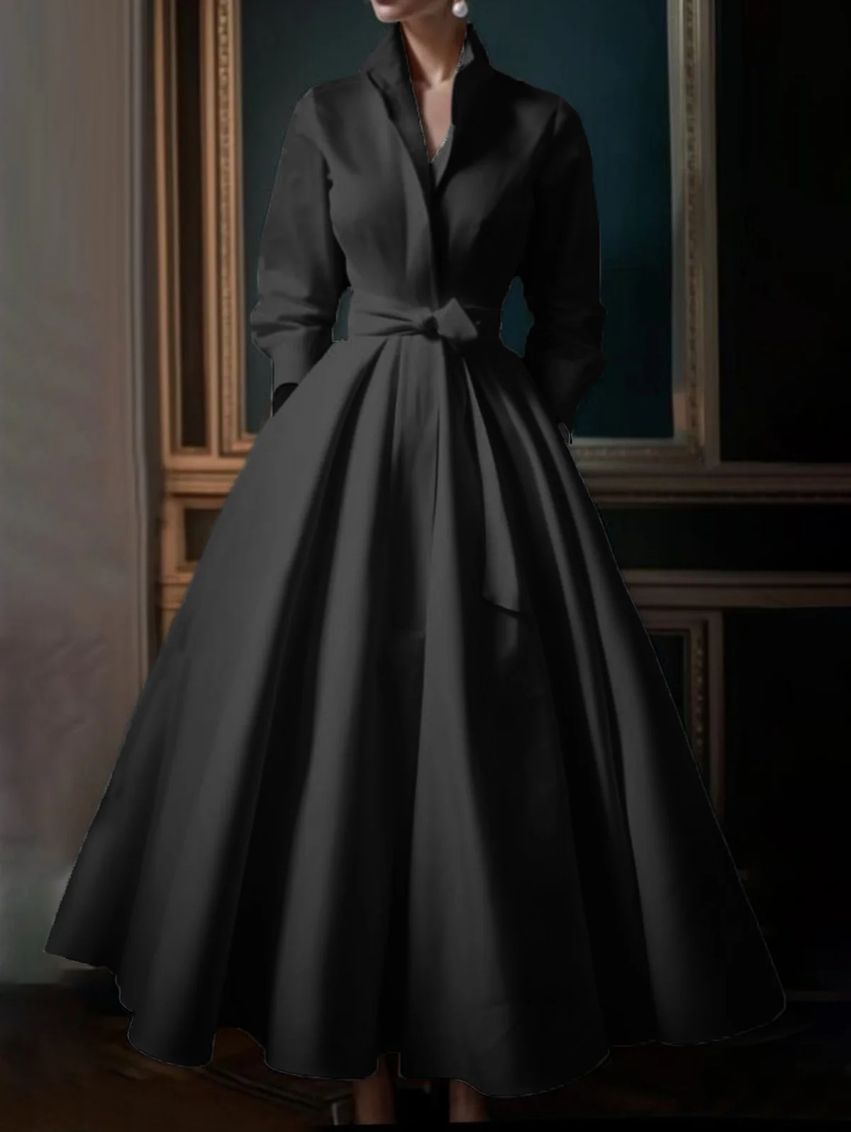 Elegant Women Shirt Dress Long Sleeve Stand Collar Minimalist A-Line Pleated Wedding Guest Long Maxi Dresses with Blet 1