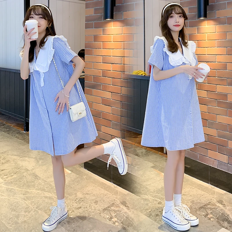 Blue 2024 Summer Maternity Clothes Ruffled Large Peter Pan Collar Short Sleeve Pregnant Woman A-Line Dress Pregnancy Plaid Dress