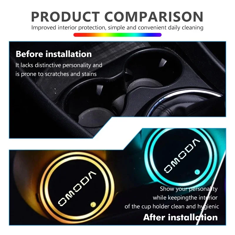 체리 오모다 5 C5 E5 티고 8 7 프로 자동차 실내 분위기 액세서리용 2개 7색 LED 발광 컵홀더 매트