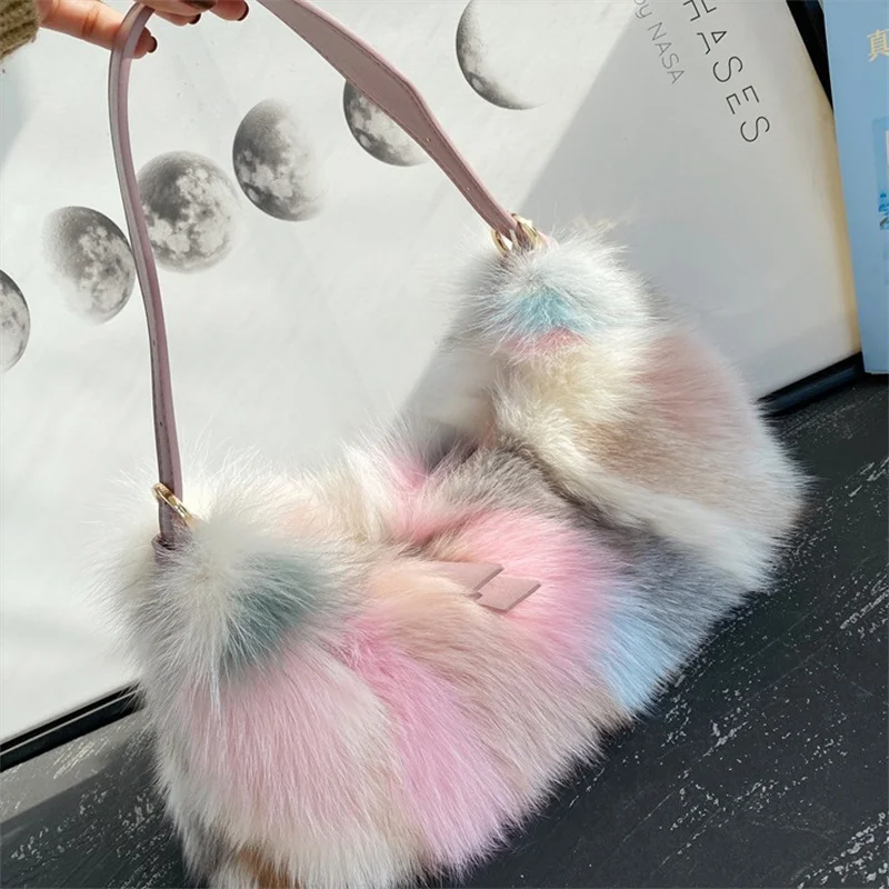 Women's High Quality Fur Bag Large Capacity Luxury Fox Fur Handbag Adjustable Strap Design Single Shoulder Fur Bag