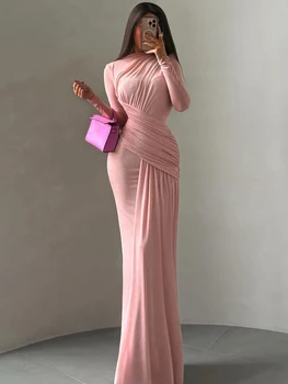 Nibber Folds Maxi Dress Women o-Neck Full Sleeve Solid Banquet Elegant Vacation Fashion Autumn Skinny Casual Simple Vestidos 1