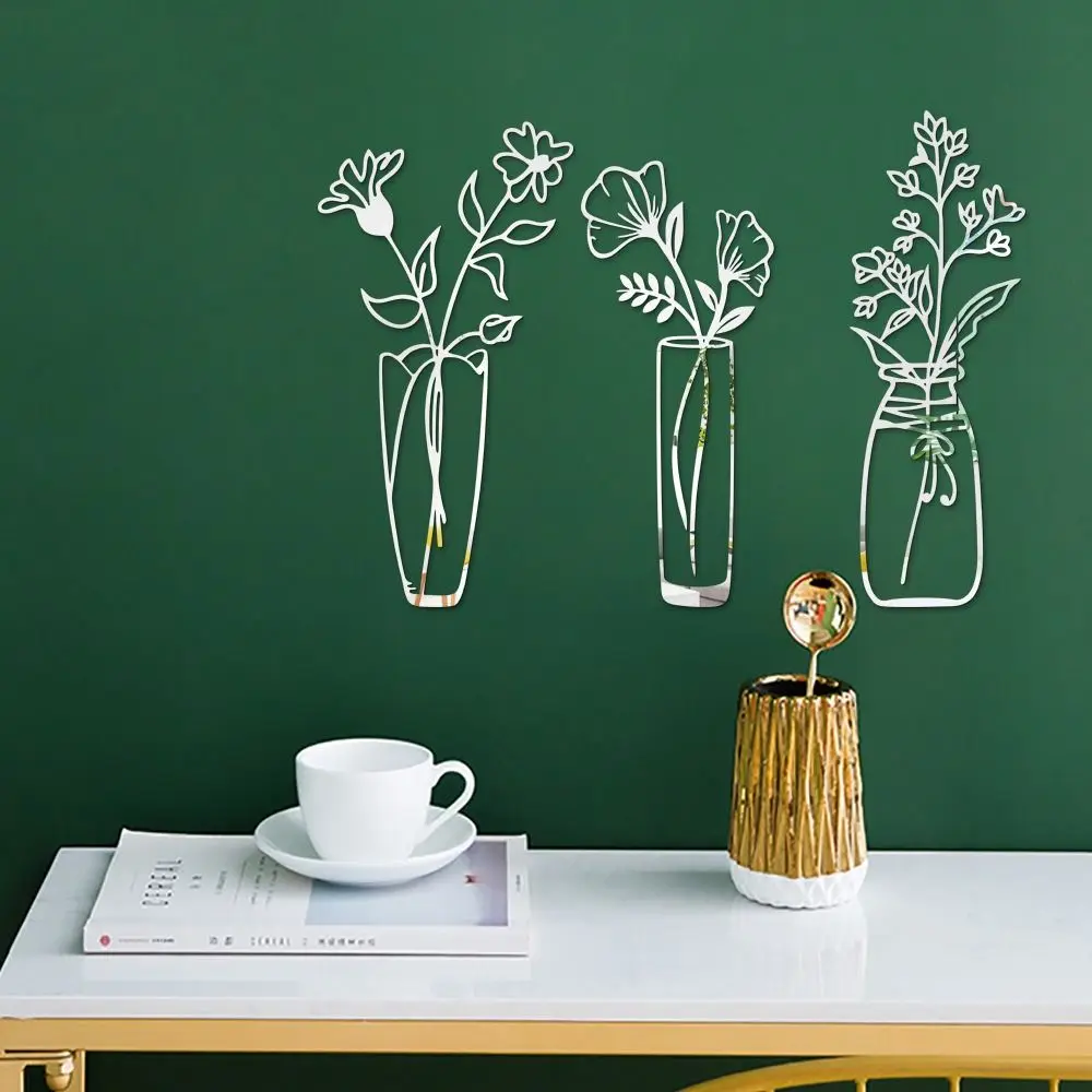 3PCS/Set 3D Flower Vase Wall Stickers Acrylic Self-adhesive Mirror Surface Decals Potting Plant Home Decor Living Room Ornament