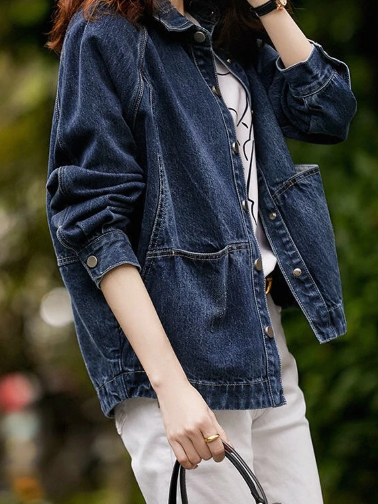 

Denim Jacket Women's New Short Loose Long Sleeves Retro Denim Jacket Women's High Waist Single Breasted Solid Jacket Coats Tops