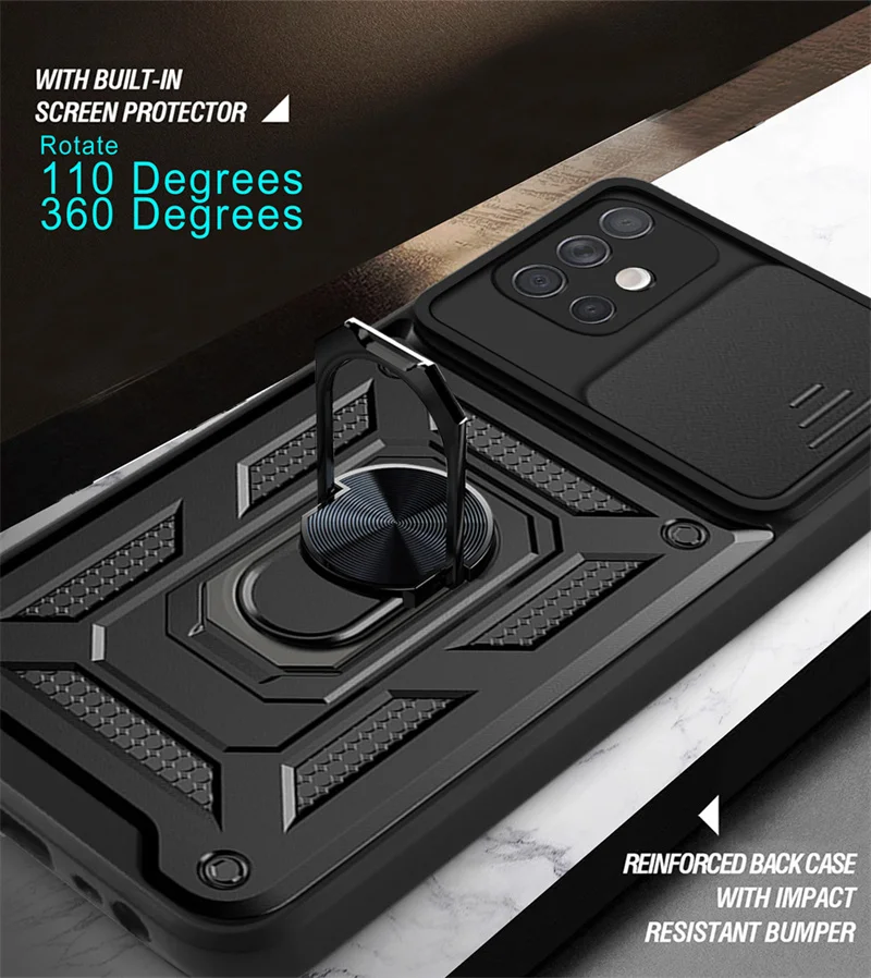 Durable Armor Shockproof Phone Case with Magnetic Ring Stand & Camera Protector Cover