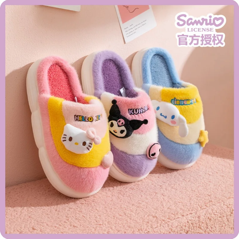 

New Winter Warm Cartoon Sanrios Kuromi Cinnamoroll Cotton Slippers Home Fur Warm Anti Slip Hello Kittys Women Cotton Slippers