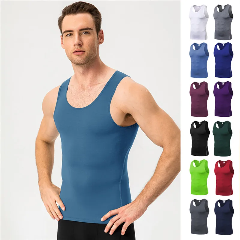 Men Sport Fitness Tees Vest Solid Color Summer Gym Tank Tops Workout Compression Base Stretch Sports bodybuilding tank tops running vests sports tank tops sports vests tank tops
