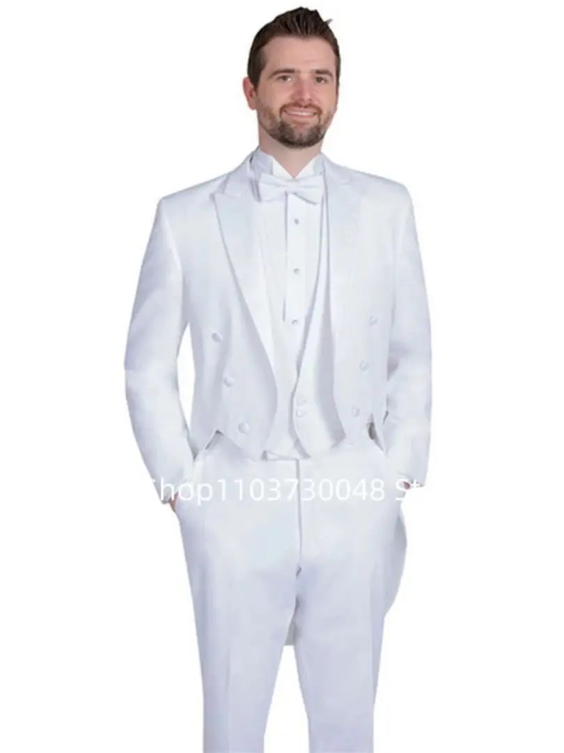 White Mens Tailcoat Suits Formal Dress Suits Swallow Tail Coat Male Jacket Vest Pants for Party Wedding Dance Magic Performance