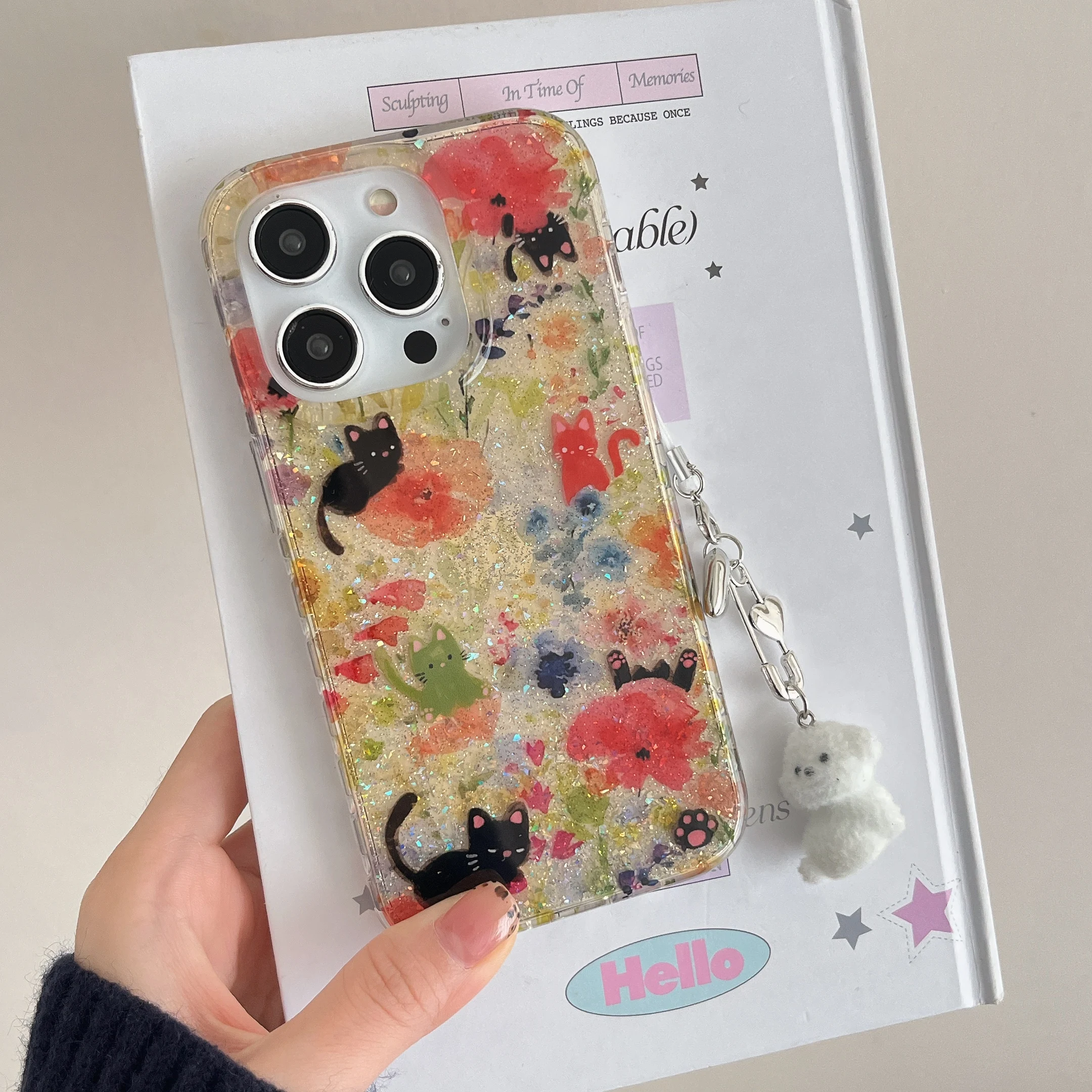 Full Screen Sequin Flowers Cute Cartoon Black Cat White Bear Pendant Phone Case for iPhone 16 15 14 13 Pro Max Back Cover Funda