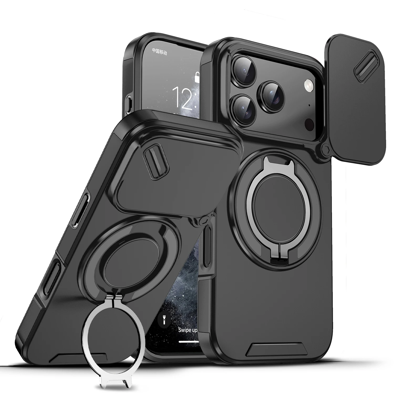 360 Magnetic Ring Holder Case with Sliding Window Camera Protection Cover