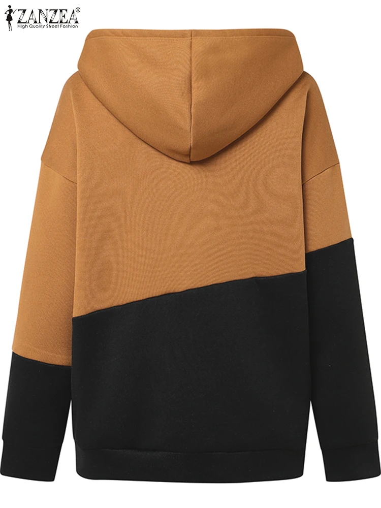 ZANZEA Holiday Hooded Drawstring Tops Women Colorblock Hoodies Fashion Long Sleeve Sweatshirt 2024 Autumn New All-match Pullover 5
