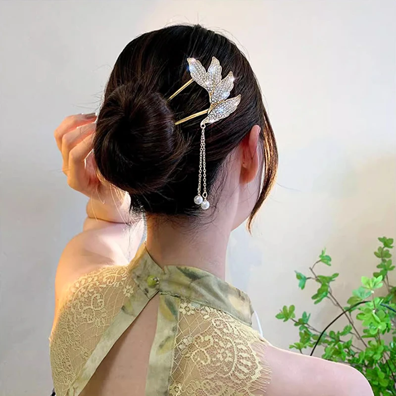 Fashion U-shaped Metal Hair Clip With Pearl Pendant For Women Elegant Hairpin Head Hair Clasp Jewelry Accessory Bridal Headdress