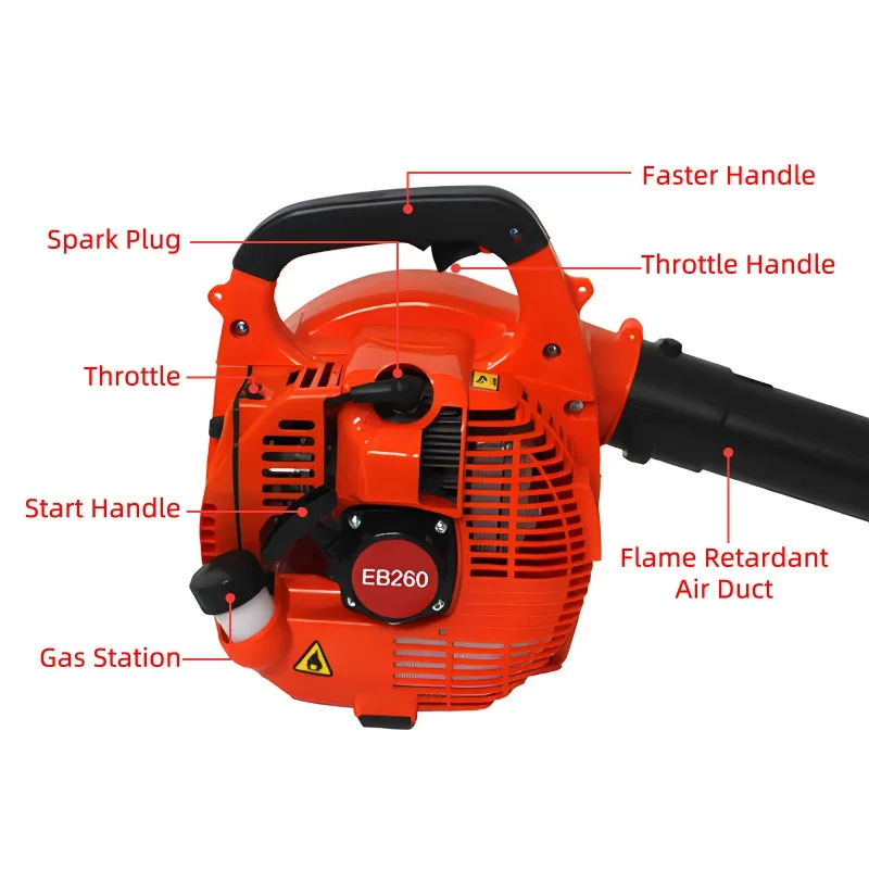 가스 구동 잎 블로워 2행정 엔진 25.4CC 275.45CFM 공기량 0.65L 오일 탱크 핸드헬드 블로워 강력한 바람 눈 블로워