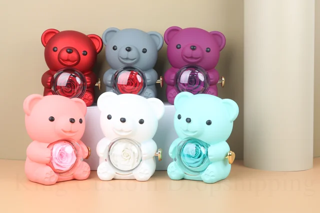 2024 New Eternal Flower Rotating Rose Bear Jewelry Box Custom Name Jewelry Necklace Birthday Gift for Family and Friends 5