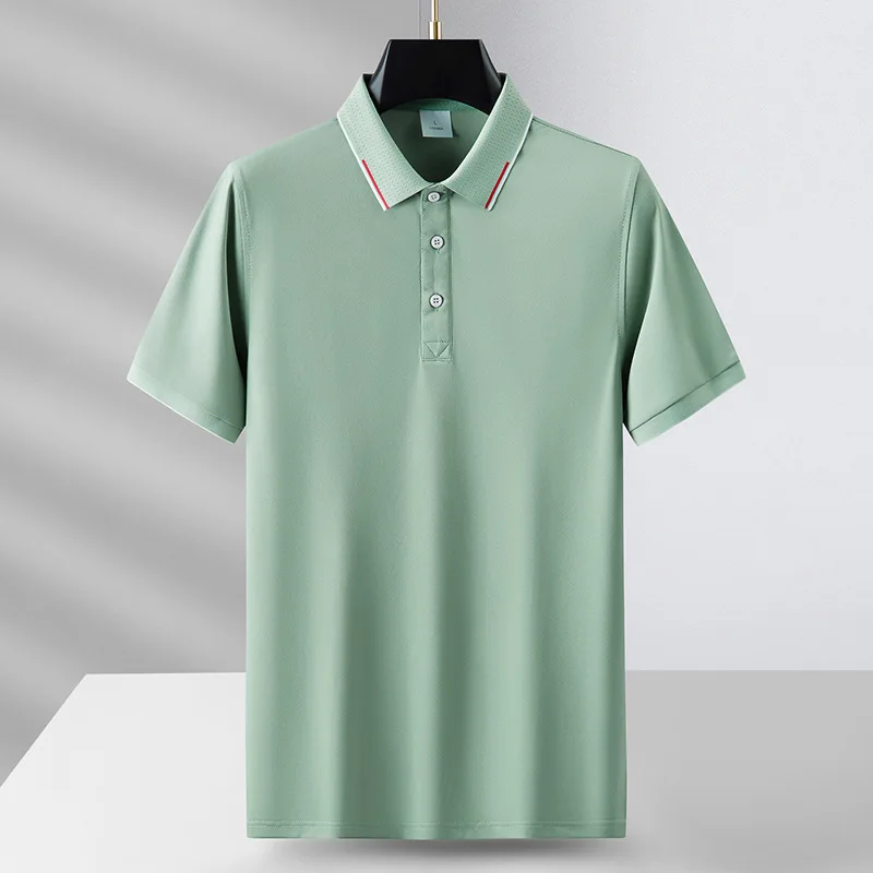 

Summer Green Men Short Sleeved Ice Silk T-shirt Young And Middle-aged Short Sleeved Breathable Iron Free Mercerized Polo Shirt