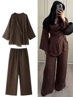 2024 Woman Trouser Set Solid V Neck Casual Kimono Style Lace Up Shirt Top + Elastic Waist Wild Women's Wide Leg Long Pant