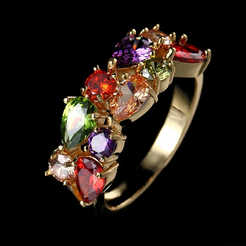 Gold Color Engagement Ring Classic Multicolor Zircon