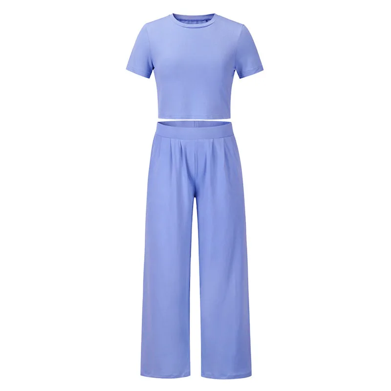 Fashion Casual Solid Color Sportswear Top Set 2023 Spring Summer New Short Sleeve T-shirt & High Waist Trousers Two-piece Suit sandro rivers high waisted cotton linen loose pants for women thin straight wide leg trousers spring and summer back style