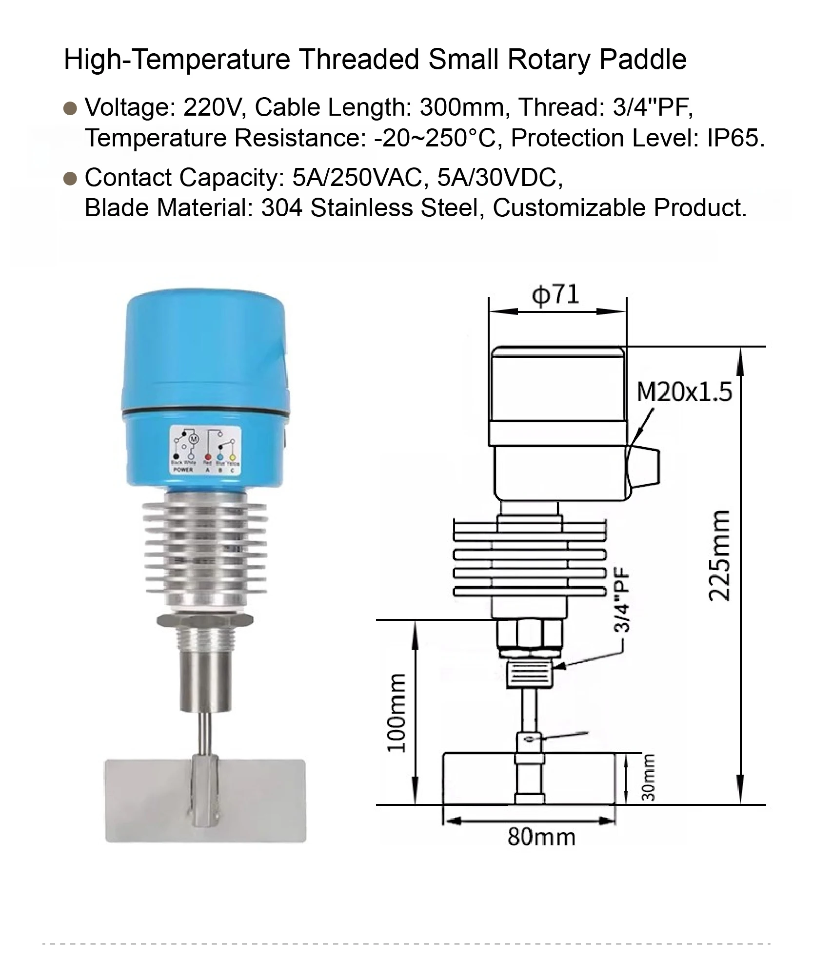 Rotary Paddle Level Switch High Temperature SS304 Thread Flange Mount Bulk Silo