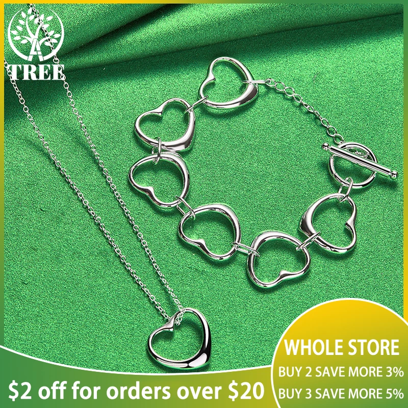 

ALITREE 2pcs 925 Sterling Silver Jewelry Set For Women Fashion Full Heart Pendant Chain Necklace Bracelet Lady Birthday Gift