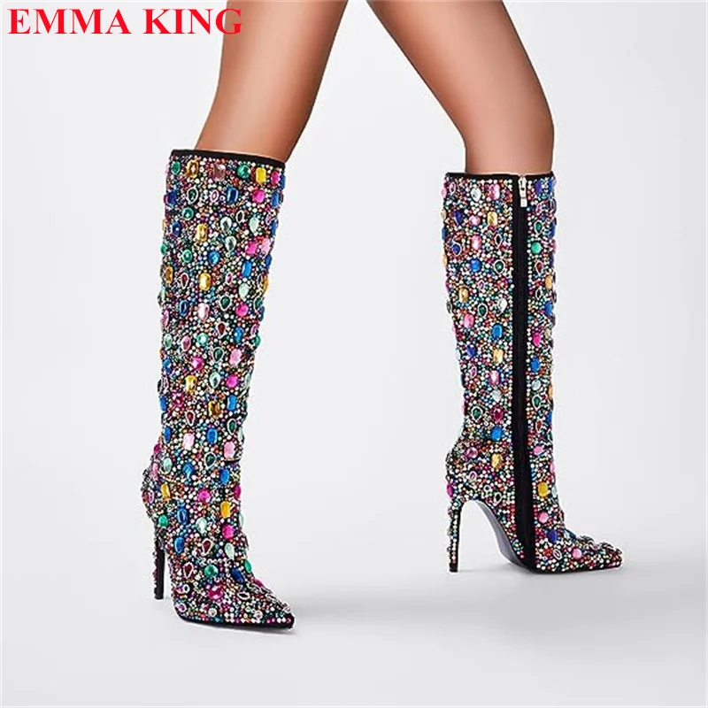 Frauen fallen Strass Stud kniehohe Stiefel gemischte Farbe bling - Main Image