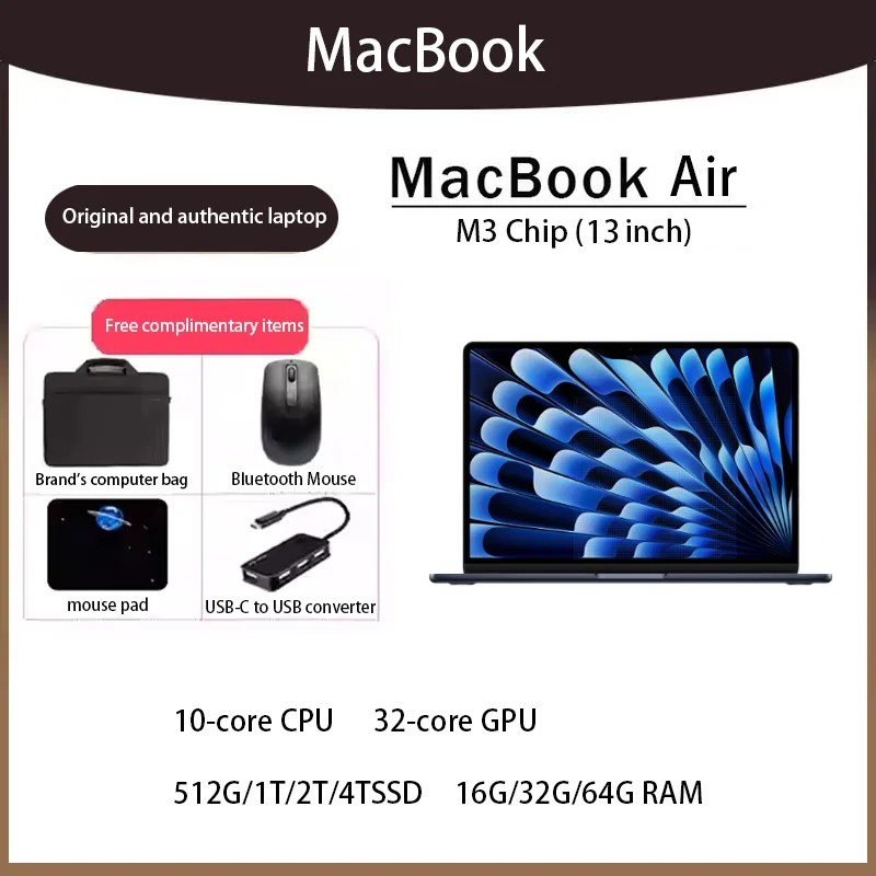 MacBook AIR M3 13Inch 8-core CPU 10-core GPU 256G/512G/1T/2T/4TSSD 16G/32G/64G RAM Notebooks Laptop.
