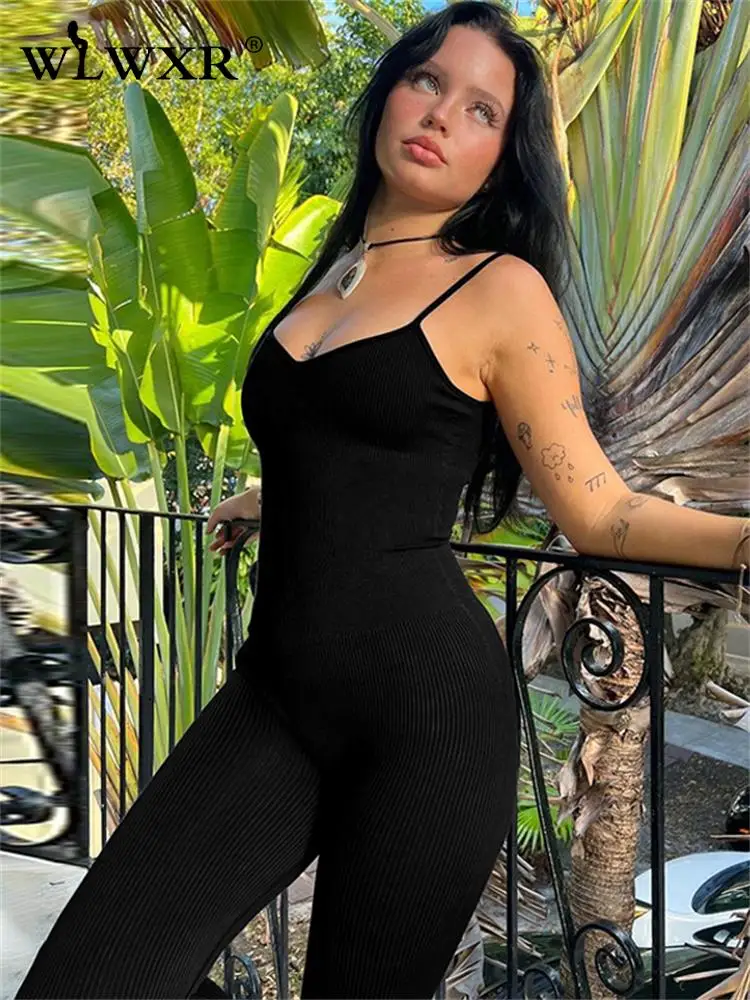 

WLWXR Summer Streetwear All Black Bodycon Jumpsuits For Women 2023 Outfits Sexy Backless Playsuits Night Club Long Rompers