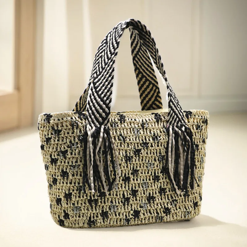 Summer Paper Rope Beach Bag Striped Tassel Handle Women Designer Handbags Bohemian Woven Straw Basket Bags for Women Tote Bag