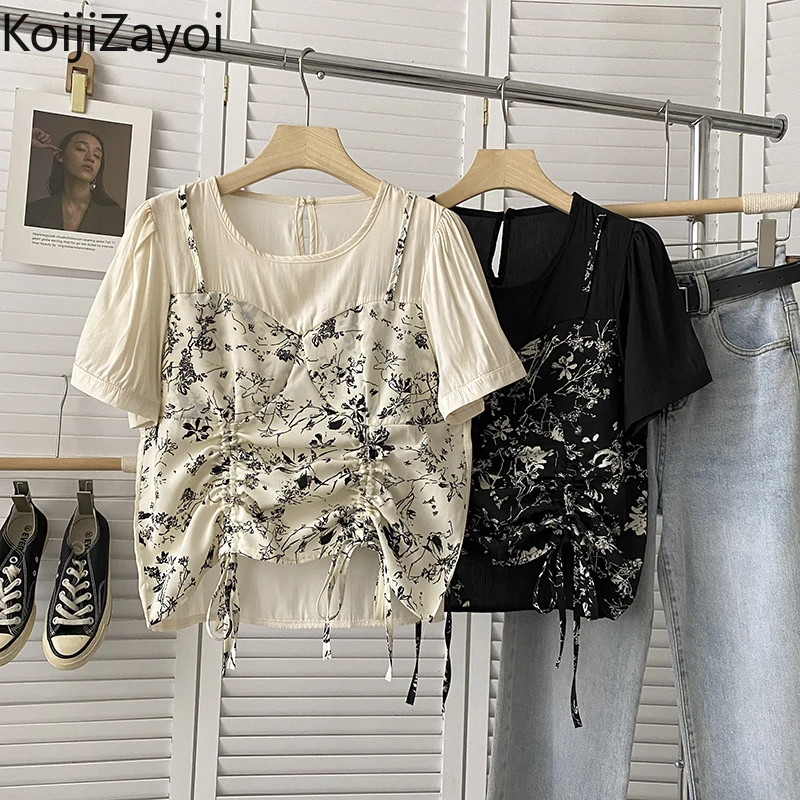 

Koijizayoi Retro Floral Fake Two-piece Shirt Women's 2022 Summer New Korean Slim Short-sleeved Pullover Blouse Drawstring Tops