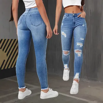 Fashion Skinny Hole Jeans Women 2025 Autumn Stretchy High Waisted Ripped Slim Retro Solid Color Denim Trousers Pants 1