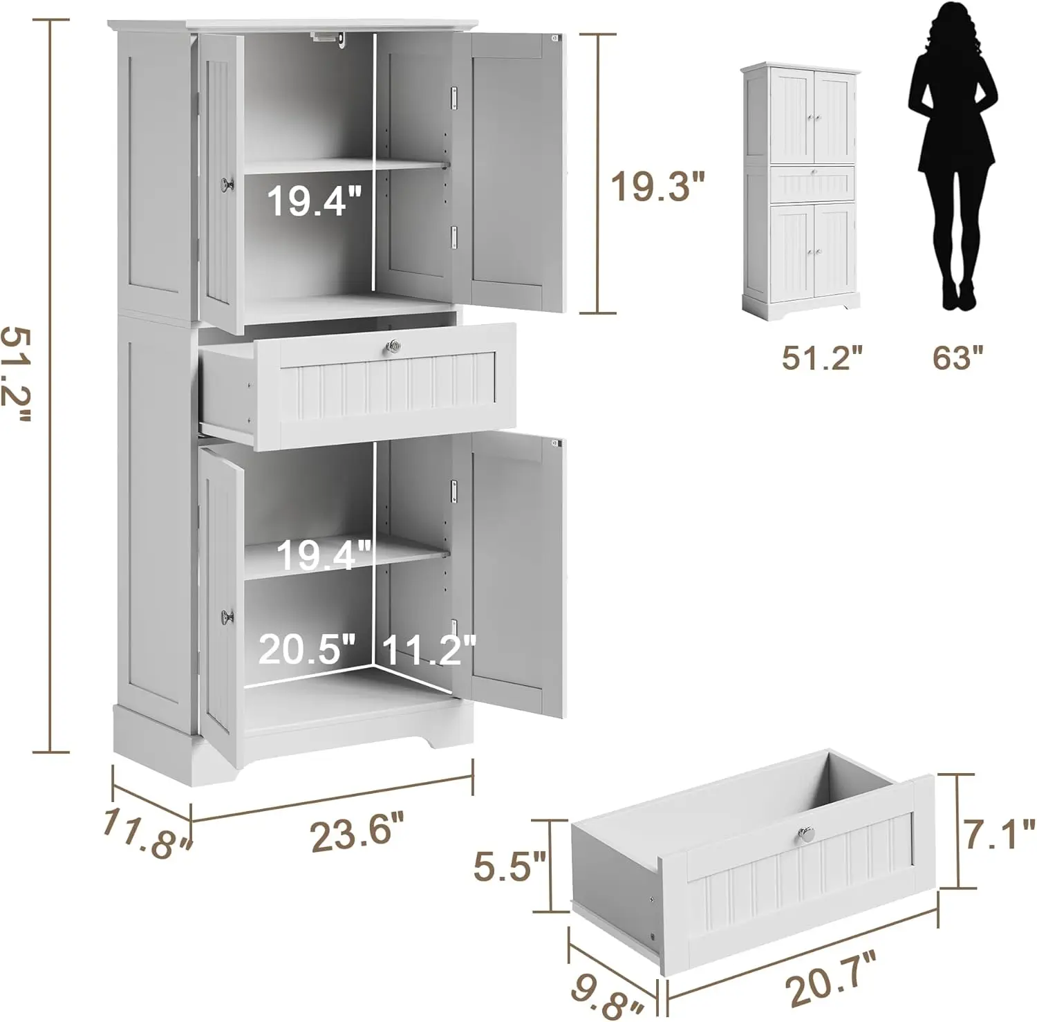 51" H Tall Bathroom Floor Cabinet, Modern Bathroom Storage Cabinet with Drawer and Adjustable Shelves, Freestanding Kitchen