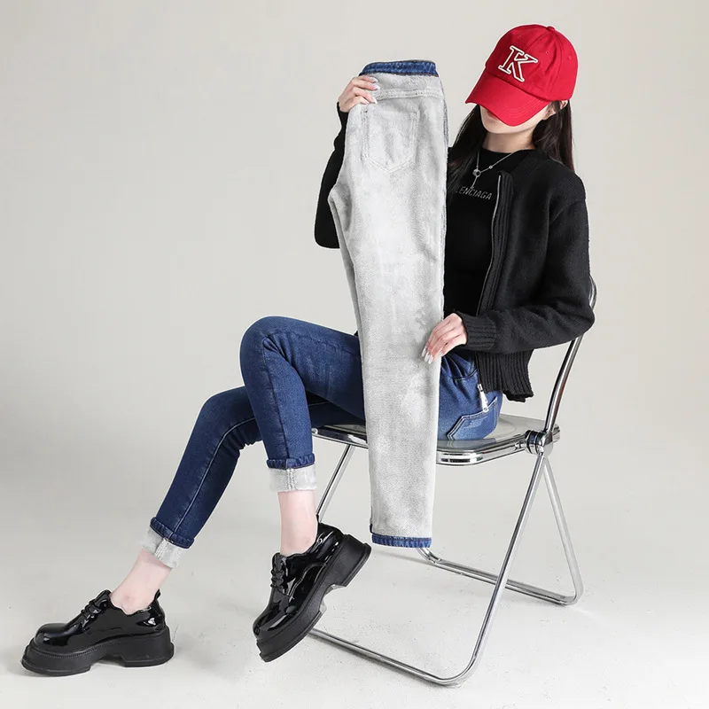 Women Thermal Jeans Winter Snow Warm Plush Stretch Jeans Lady Skinny Thicken Fleece Students Pants Female Retro Blue Trousers