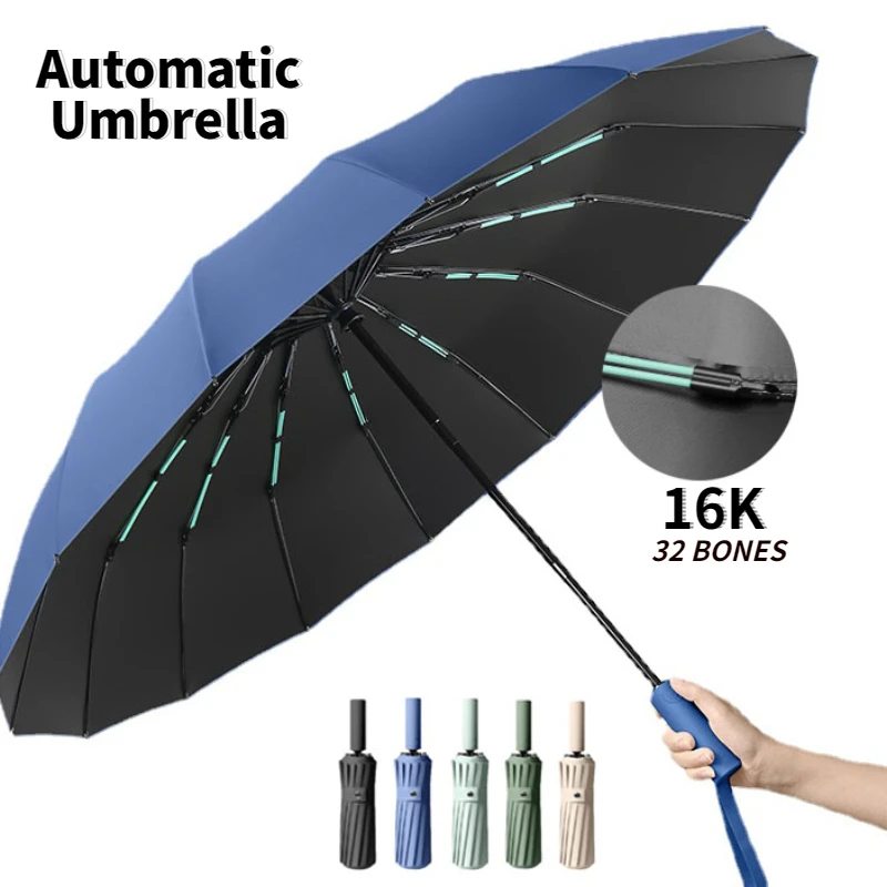 16K Double Bones Large Automatic Umbrella Men Womens Windproof Compact
