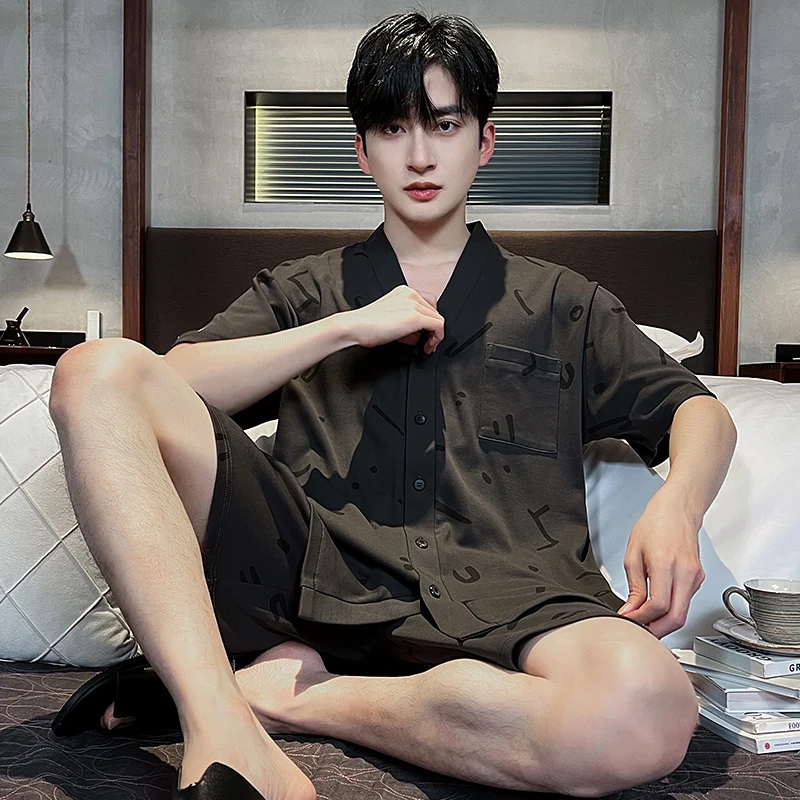 V 넥 기모노 코튼 잠옷 남성용 여름 반팔 반바지 잠옷 세트 어린 소년 Simple Homewear 빅 사이즈 L-3XL Pijamas