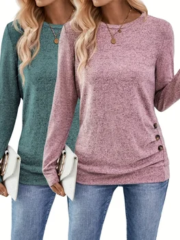 Button Decor Ruched T-Shirt, Casual Long Sleeve Top For Spring & Fall, Women's Clothing 1